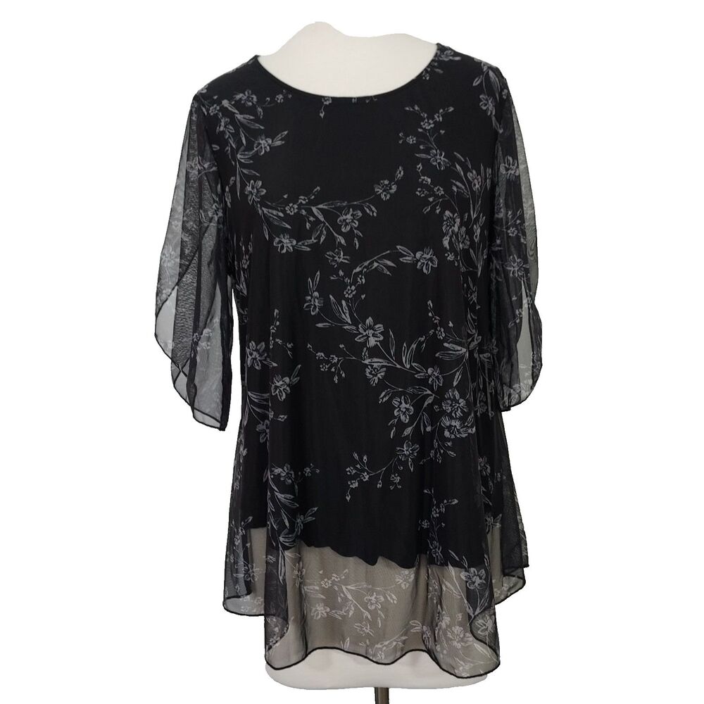 Sese Code Women Size XL Black Floral Mesh Overlay Shirt Top Tulip Elbow Sleeve